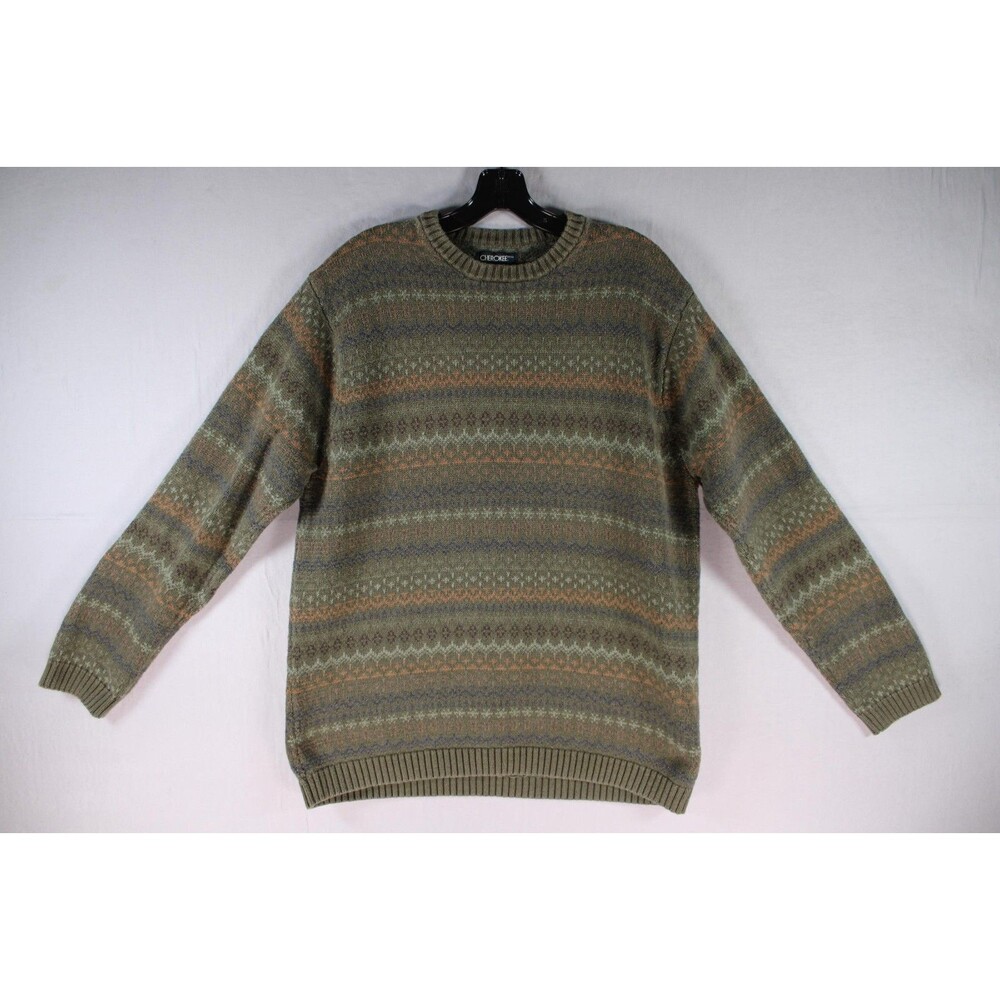Cherokee Men Vintage Fair Isle Knit Sweater Olive Green Earth Tone Cotton Sz XL